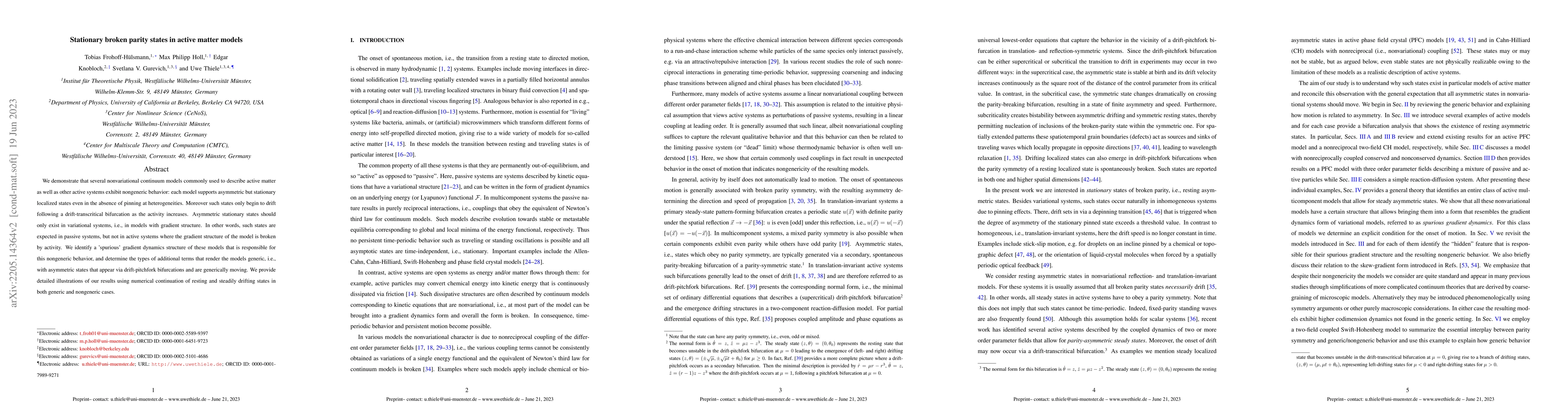 Thumbnail for Stationary broken parity states in active matter models