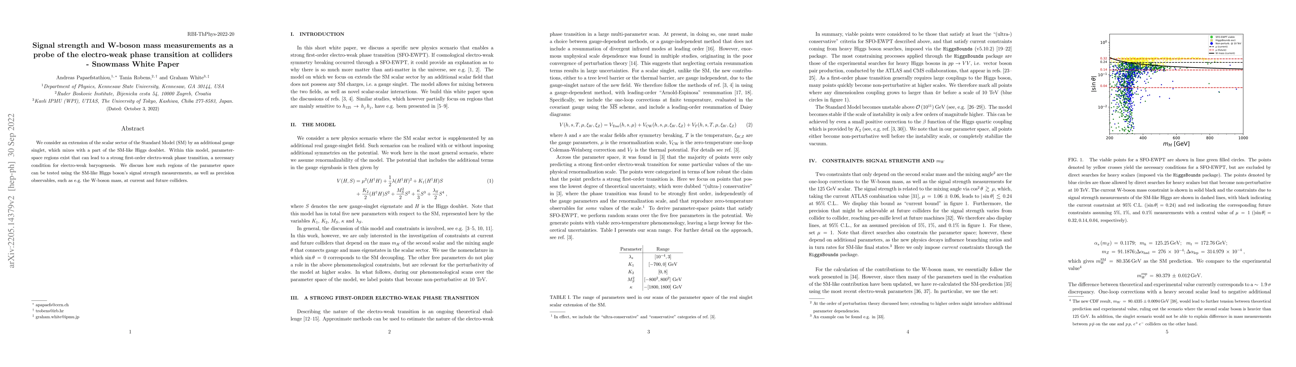 Thumbnail for Signal strength and W-boson mass measurements as a probe of the
  electro-weak phase transition at colliders -- Snowmass White Paper