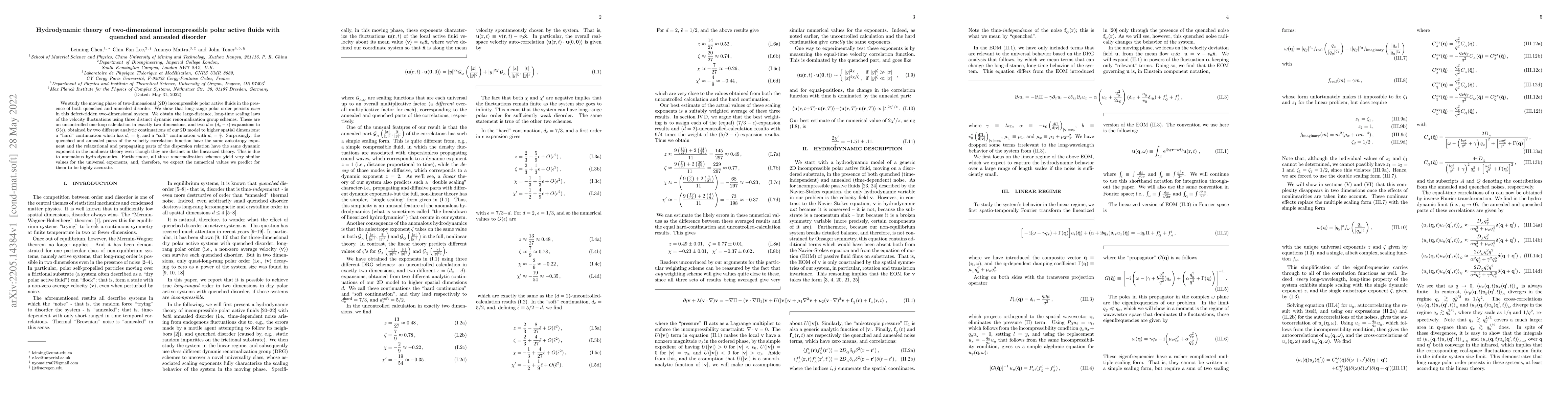 Thumbnail for Hydrodynamic theory of two-dimensional incompressible polar active
  fluids with quenched and annealed disorder