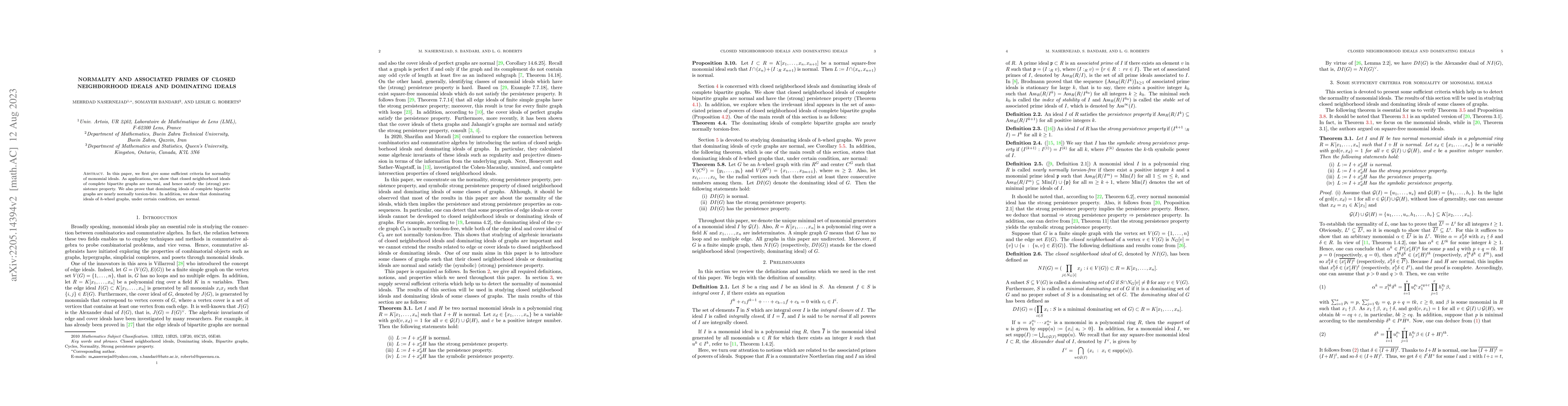 Thumbnail for Normality and associated primes of Closed neighborhood ideals and
  dominating ideals