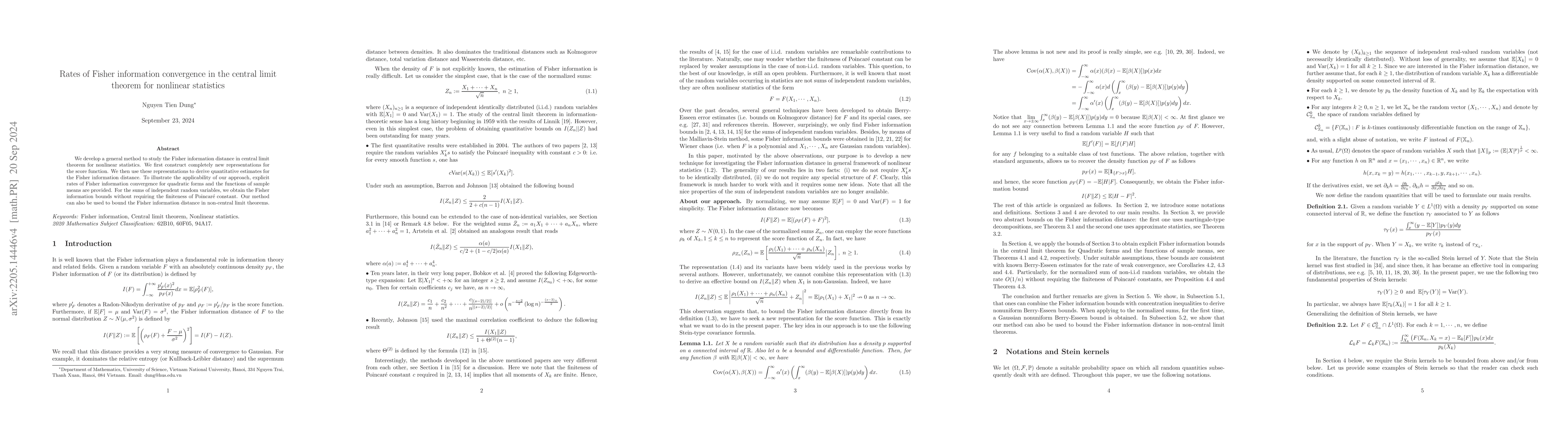 Thumbnail for Rates of Fisher information convergence in the central limit theorem for
  nonlinear statistics