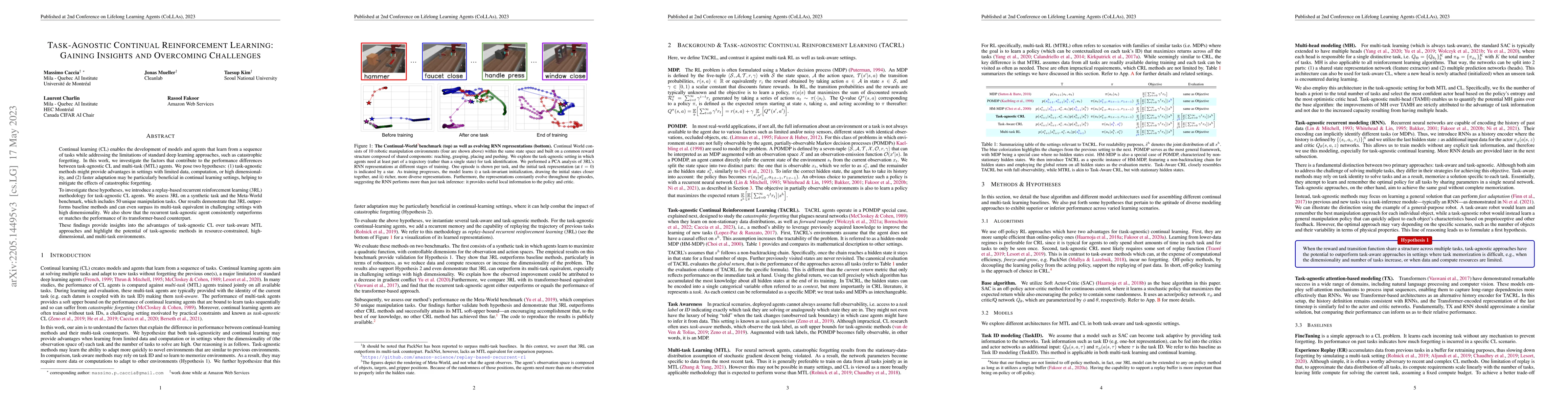 Thumbnail for Task-Agnostic Continual Reinforcement Learning: Gaining Insights and
  Overcoming Challenges