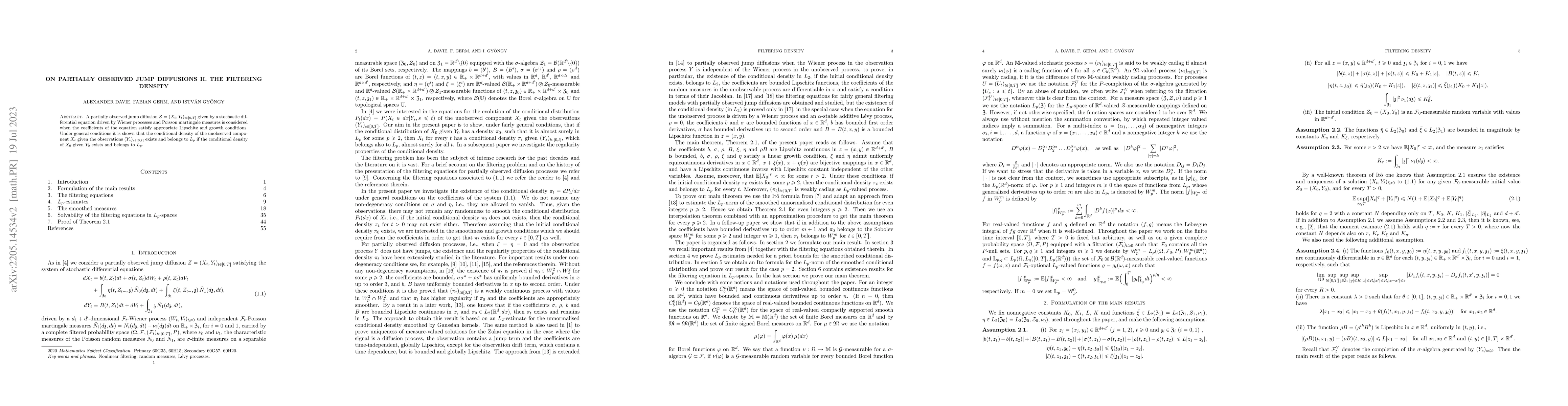 Thumbnail for On partially observed jump diffusions II. The filtering density