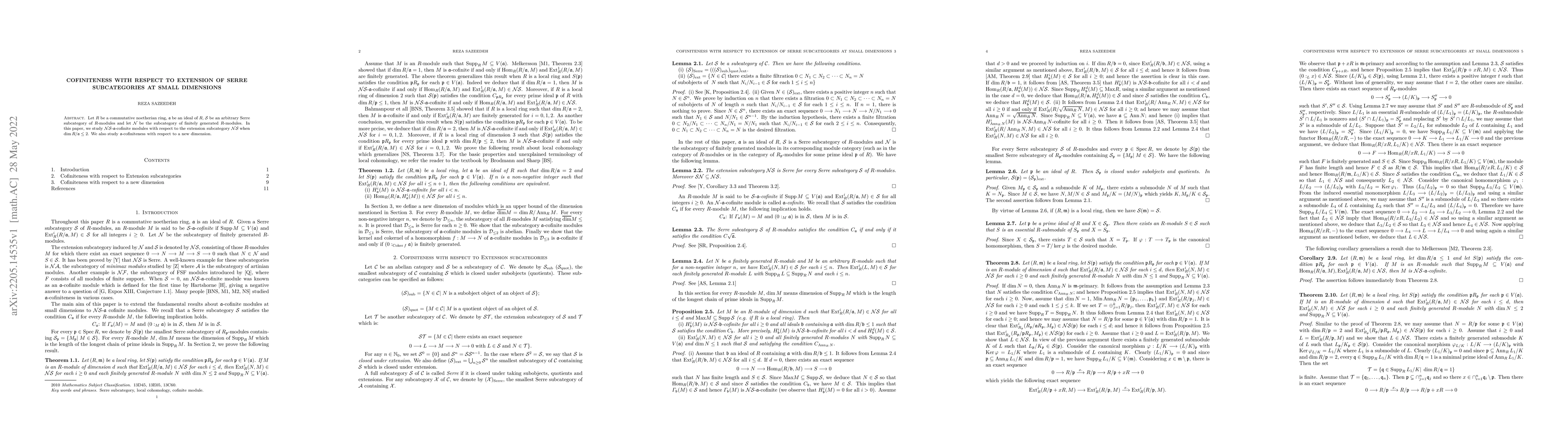 Thumbnail for Cofiniteness with respect to extension of Serre subcategories at small
  dimensions