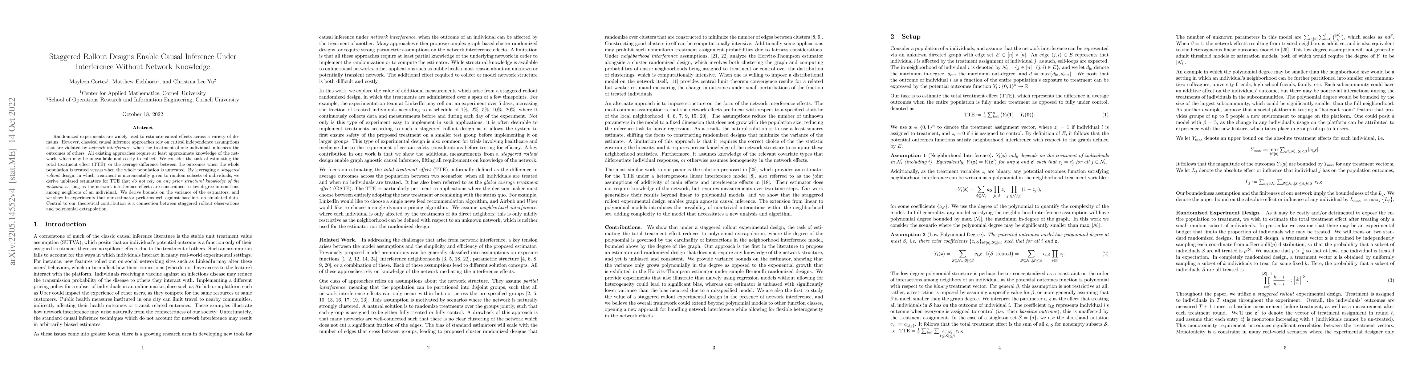 Thumbnail for Staggered Rollout Designs Enable Causal Inference Under Interference
  Without Network Knowledge