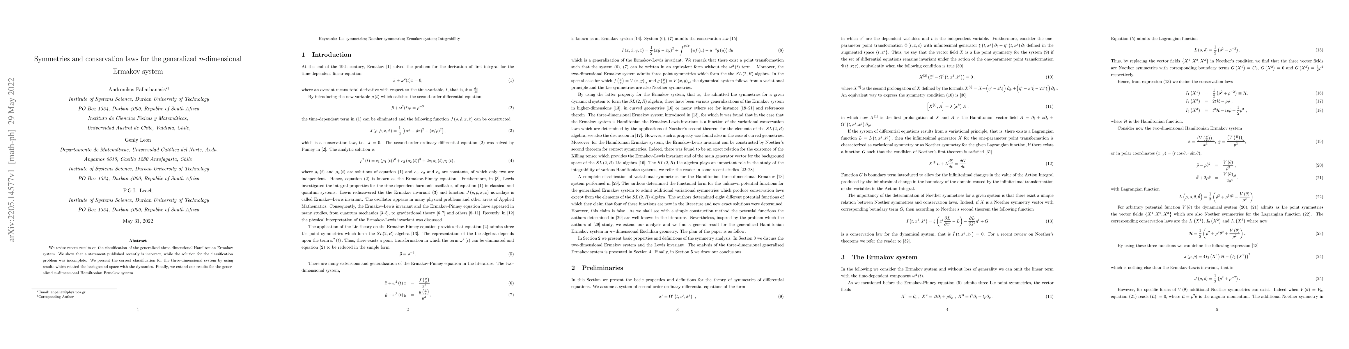 Thumbnail for Symmetries and conservation laws for the generalized $n$-dimensional
  Ermakov system