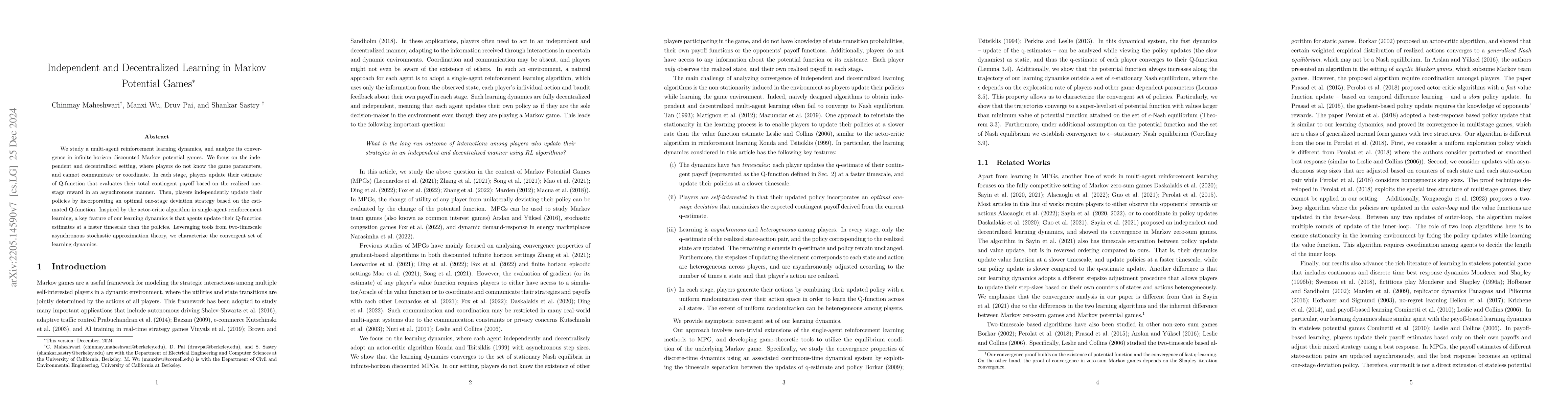 Thumbnail for Independent and Decentralized Learning in Markov Potential Games