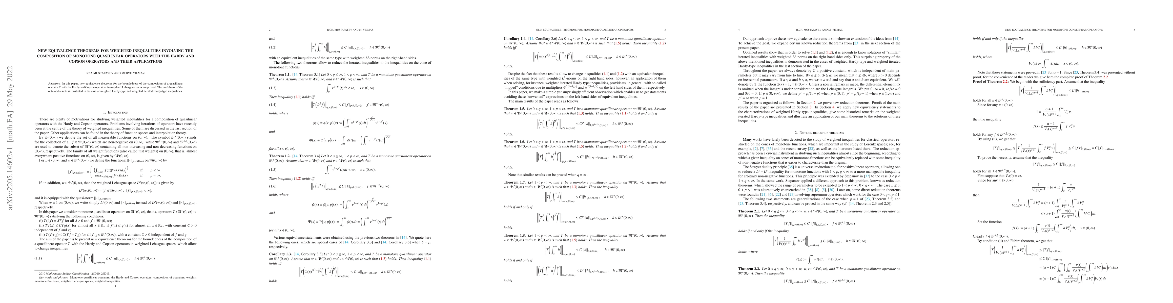 Thumbnail for New equivalence theorems for weighted inequalities involving the
  composition of monotone quasilinear operators with the Hardy and Copson
  operators and their applications