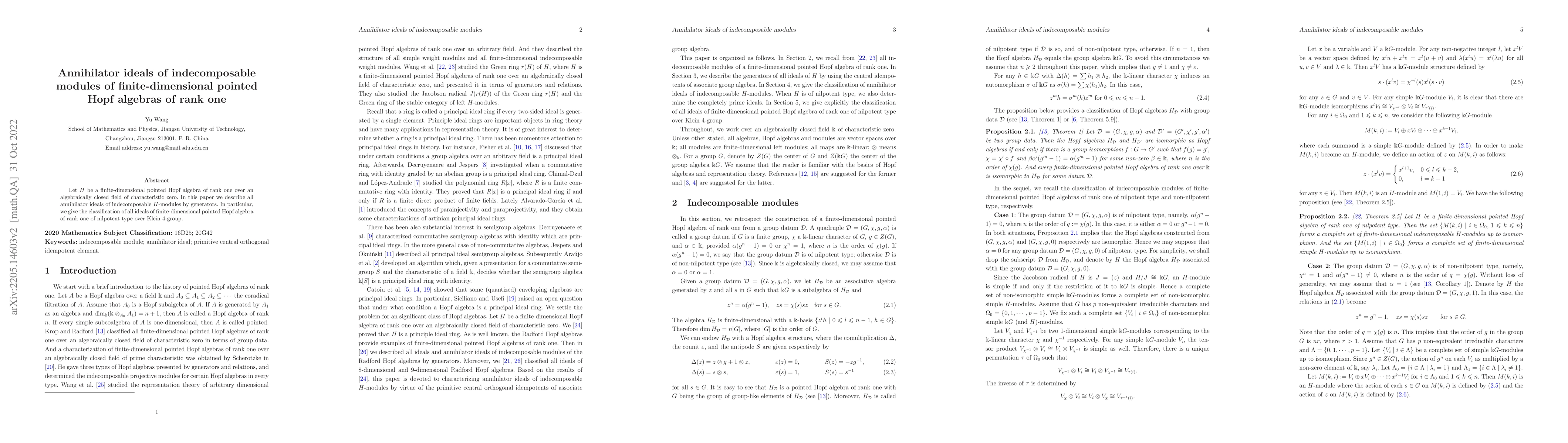 Thumbnail for Annihilator ideals of indecomposable modules of finite-dimensional
  pointed Hopf algebras of rank one