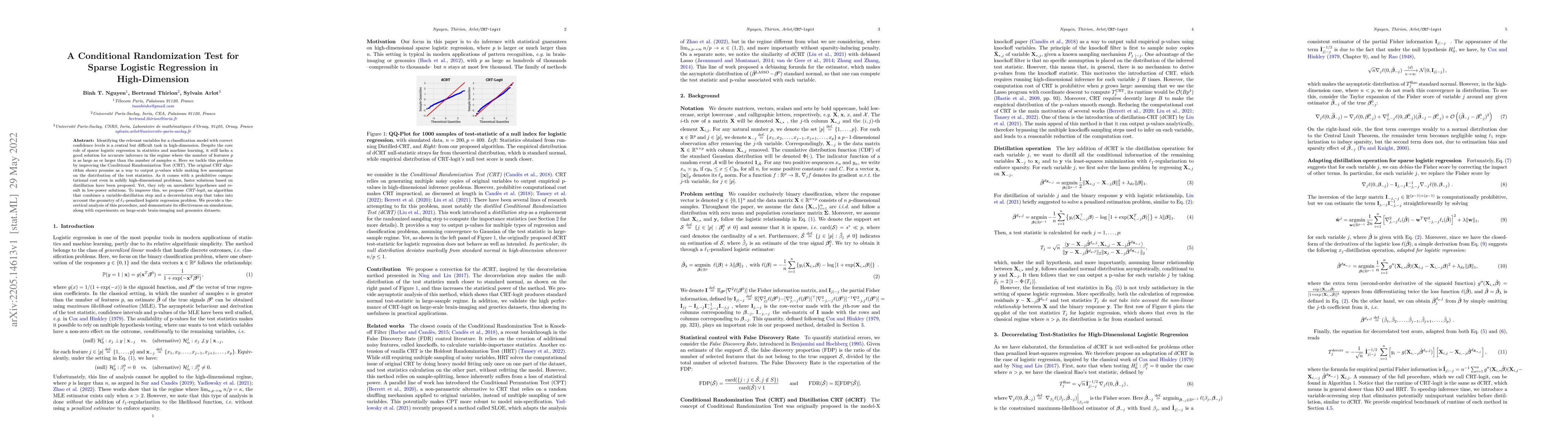 Thumbnail for A Conditional Randomization Test for Sparse Logistic Regression in
  High-Dimension