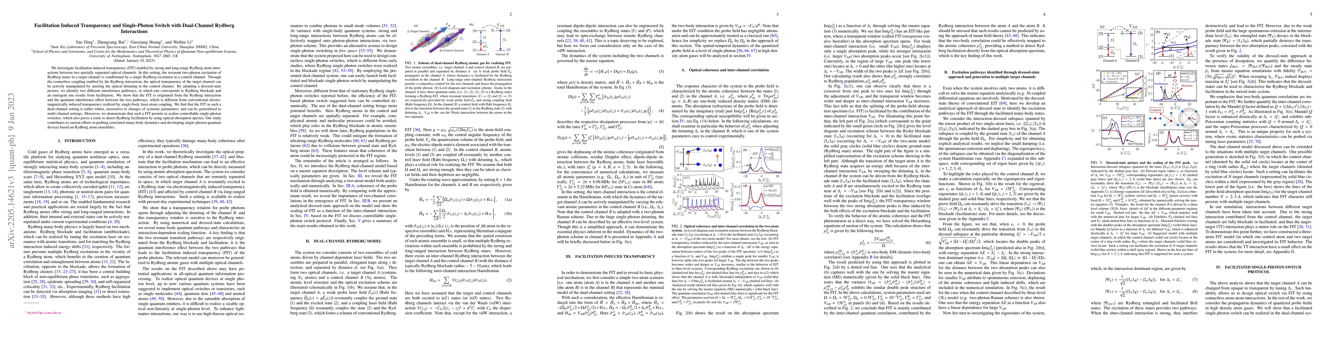 Thumbnail for Facilitation Induced Transparency and Single Photon Switch with
  Dual-Channel Rydberg Interactions