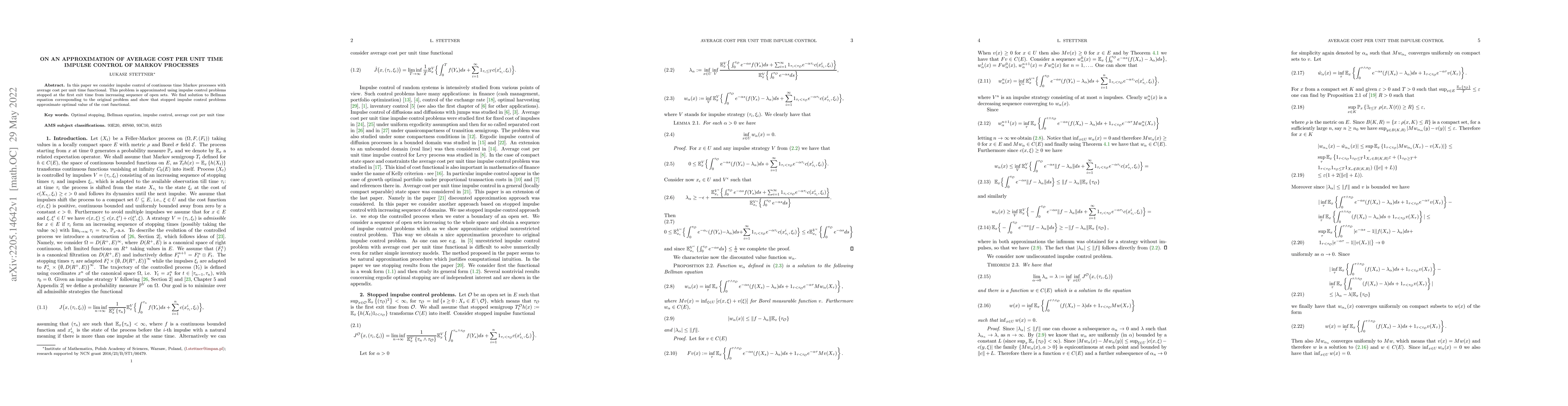 Thumbnail for On an approximation of average cost per unit time impulse control of
  Markov processes