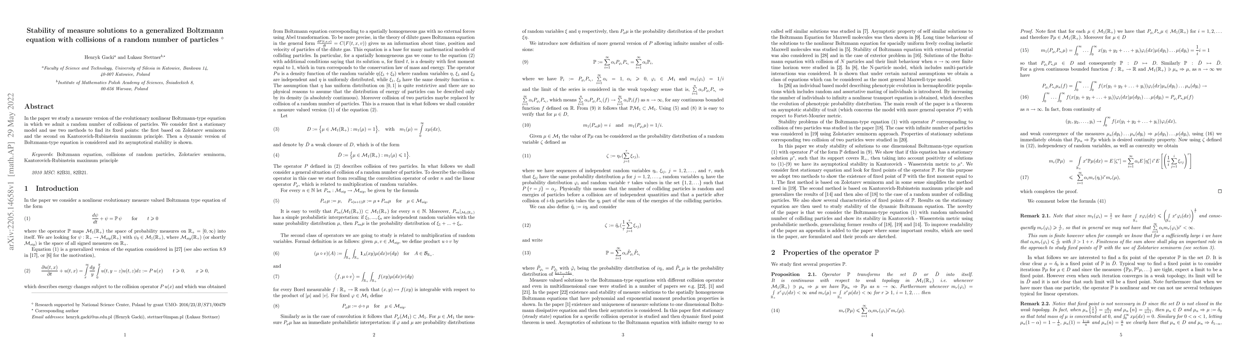 Thumbnail for Stability of measure solutions to a generalized Boltzmann equation with
  collisions of a random number of particles