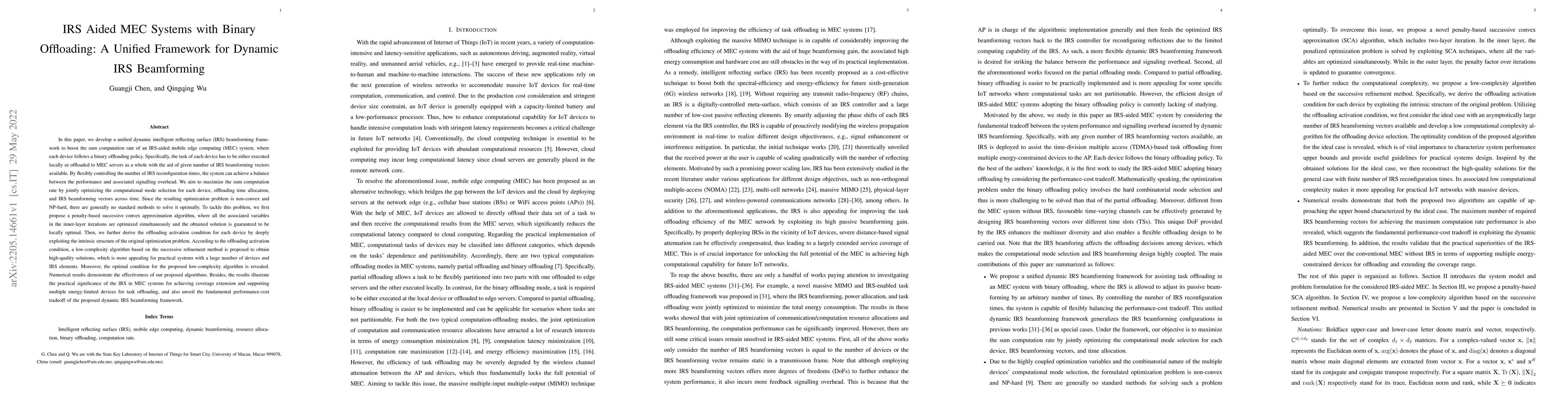 Thumbnail for IRS Aided MEC Systems with Binary Offloading: A Unified Framework for
  Dynamic IRS Beamforming