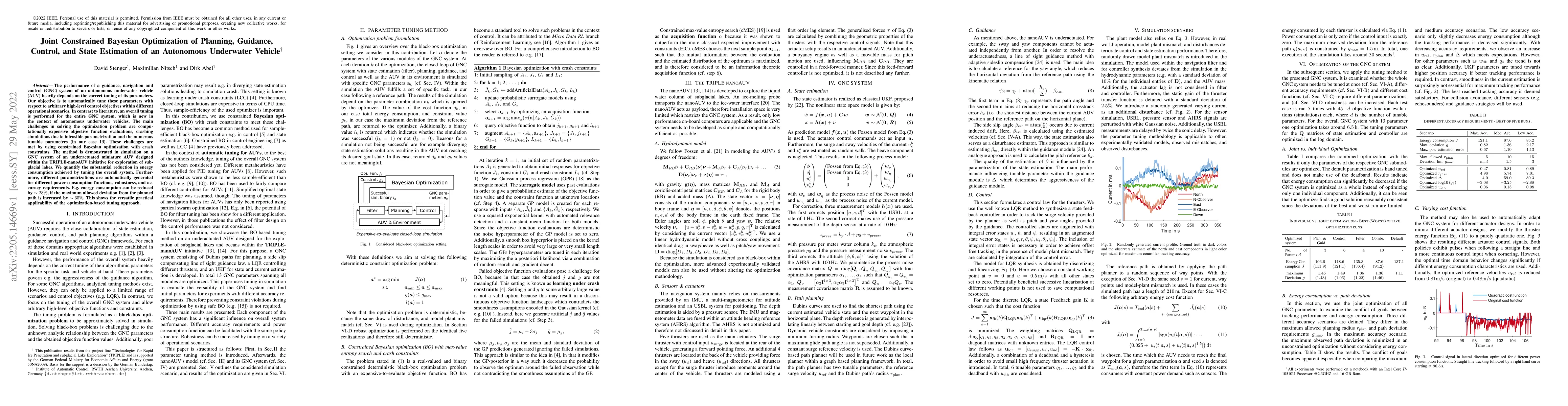 Thumbnail for Joint Constrained Bayesian Optimization of Planning, Guidance, Control,
  and State Estimation of an Autonomous Underwater Vehicle