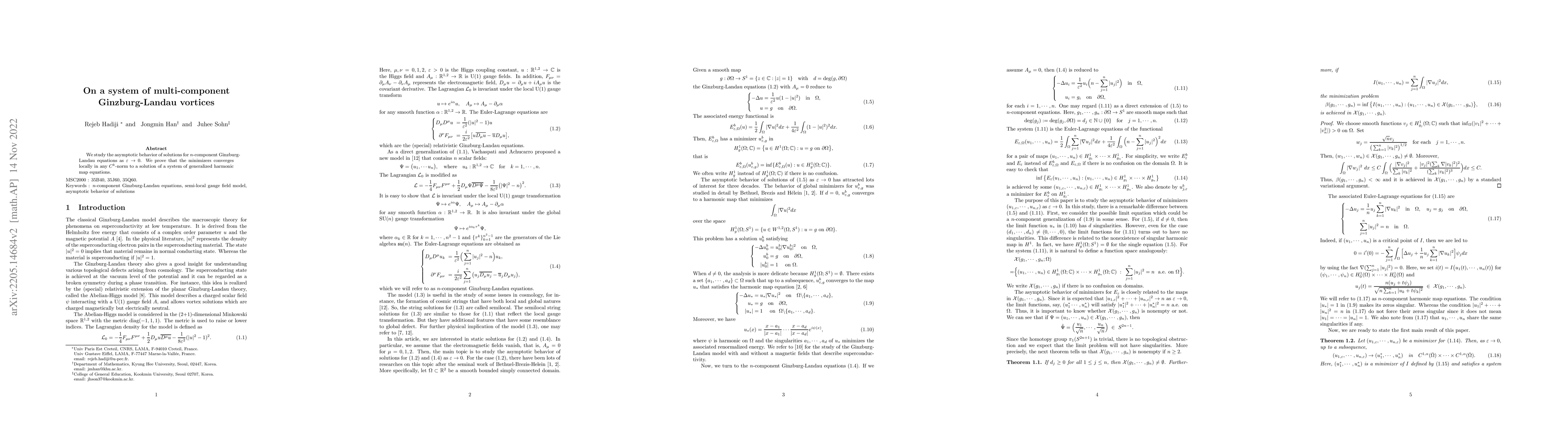 Thumbnail for On a system of multi-component Ginzburg-Landau vortices