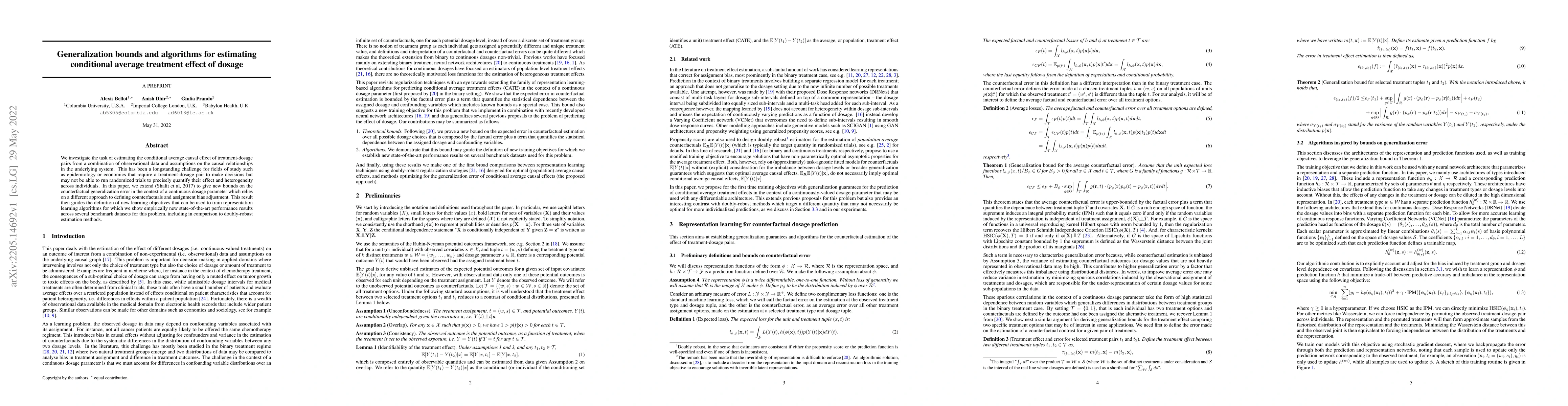 Thumbnail for Generalization bounds and algorithms for estimating conditional average
  treatment effect of dosage