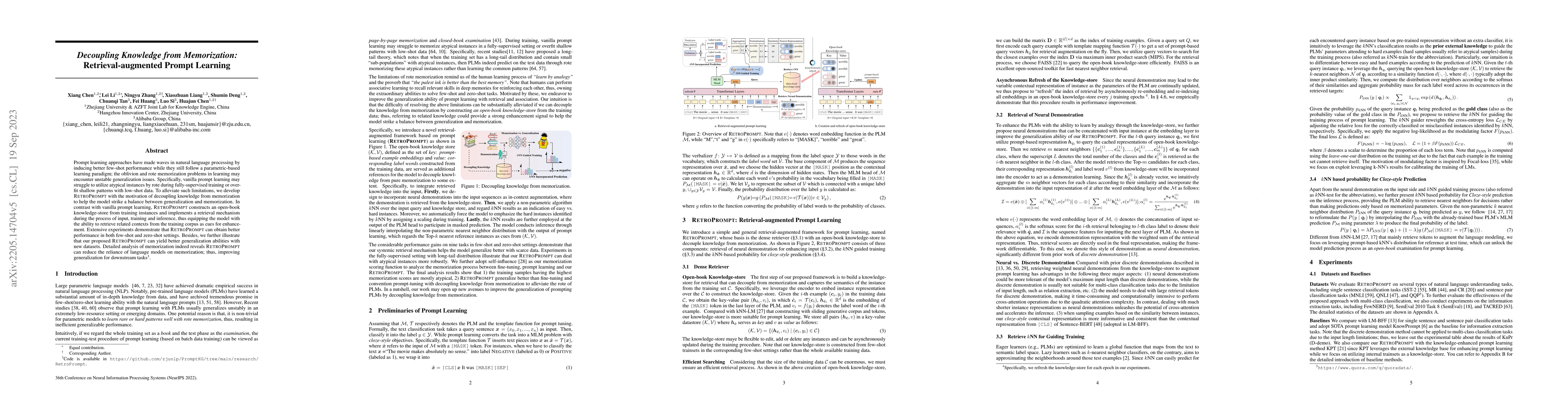 Thumbnail for Decoupling Knowledge from Memorization: Retrieval-augmented Prompt
  Learning