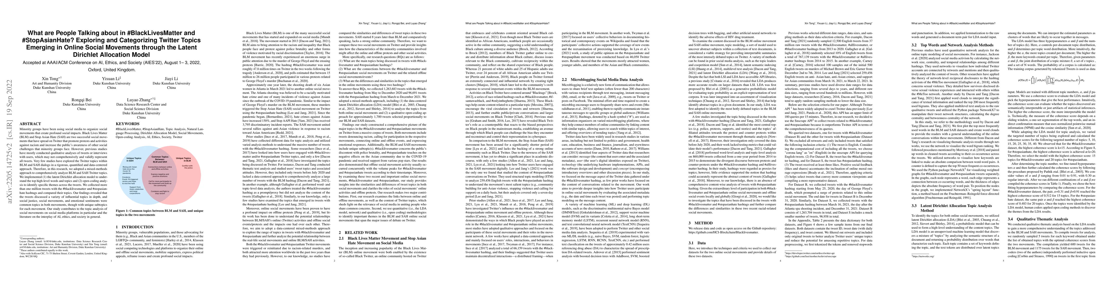 Thumbnail for What are People Talking about in #BlackLivesMatter and #StopAsianHate?
  Exploring and Categorizing Twitter Topics Emerging in Online Social Movements
  through the Latent Dirichlet Allocation Model