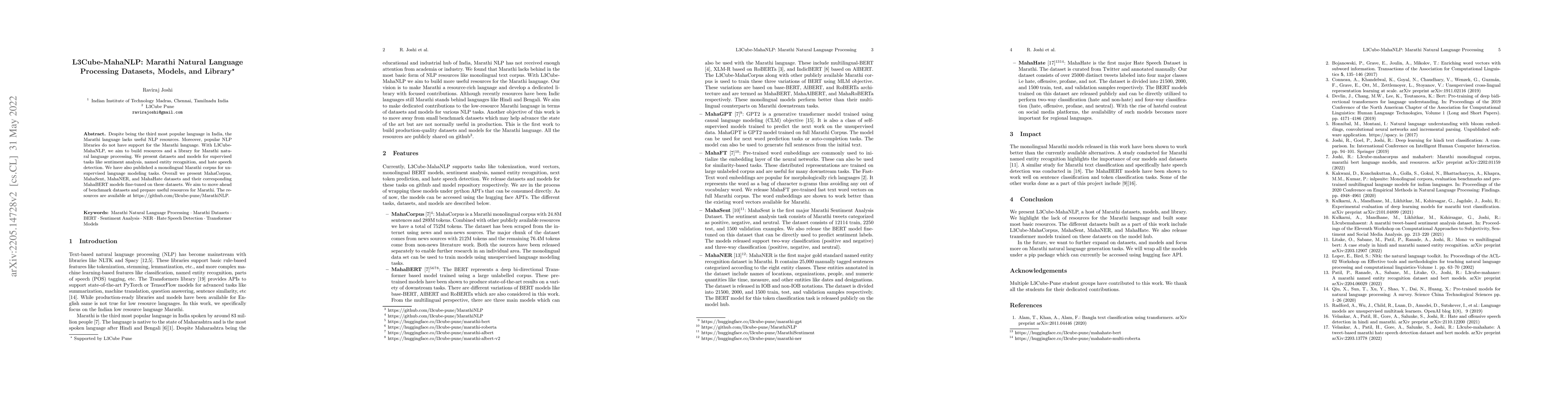 Thumbnail for L3Cube-MahaNLP: Marathi Natural Language Processing Datasets, Models,
  and Library