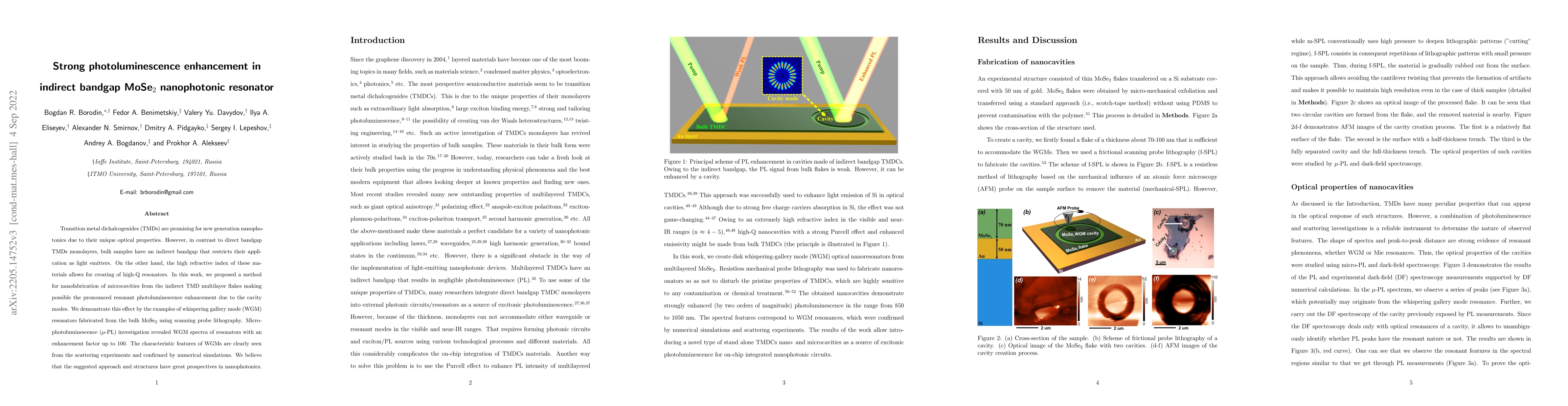 Thumbnail for Strong photoluminescence enhancement in indirect bandgap MoSe$_2$
  nanophotonic resonator