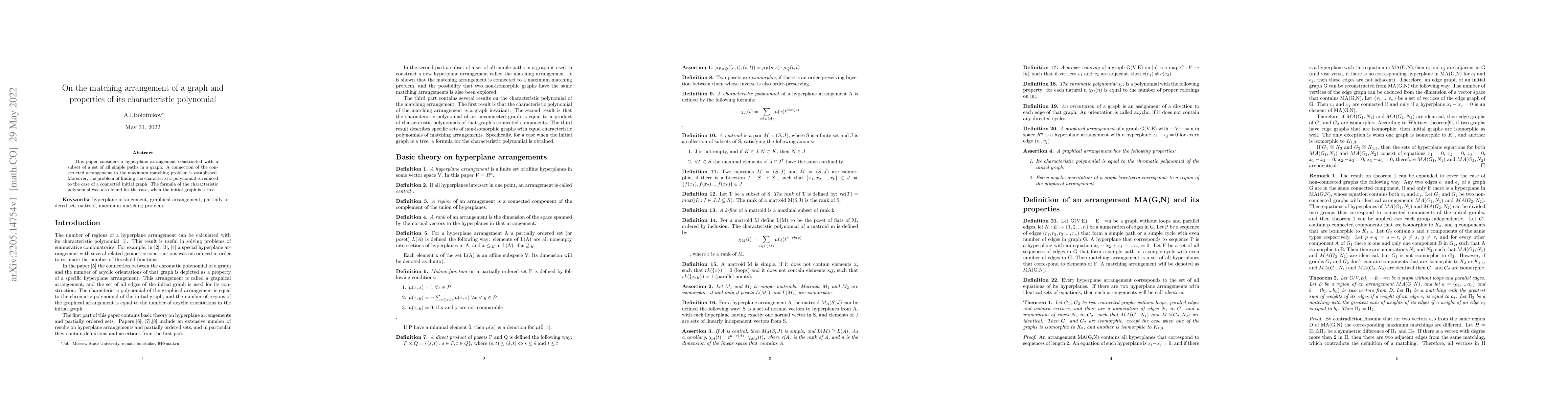Thumbnail for On the matching arrangement of a graph and properties of its
  characteristic polynomial