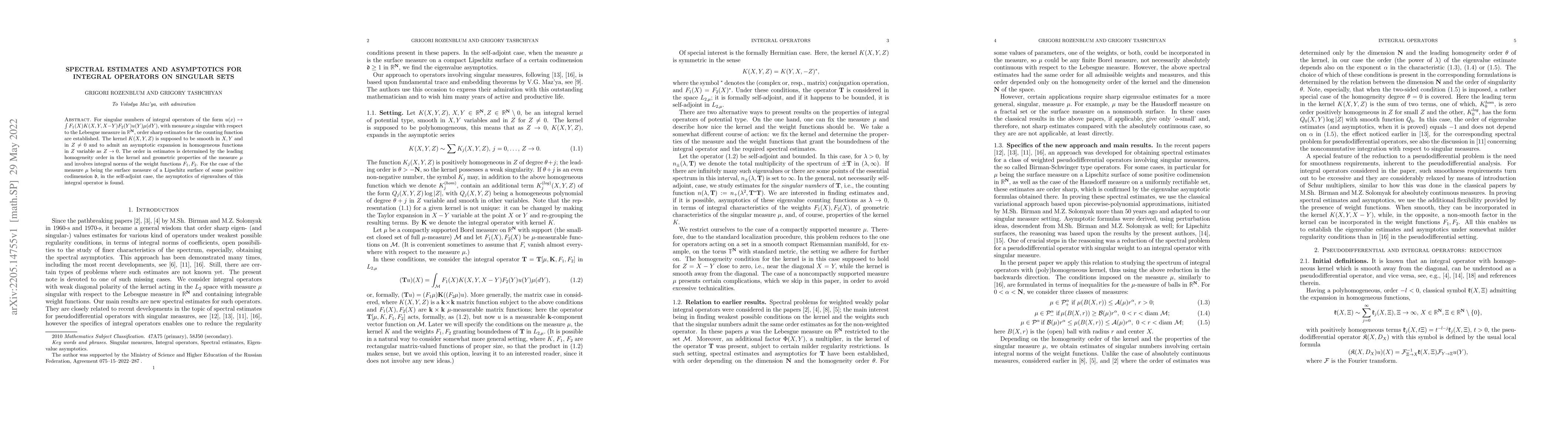 Thumbnail for Spectral estimates and asymptotics for integral operators on singular
  sets