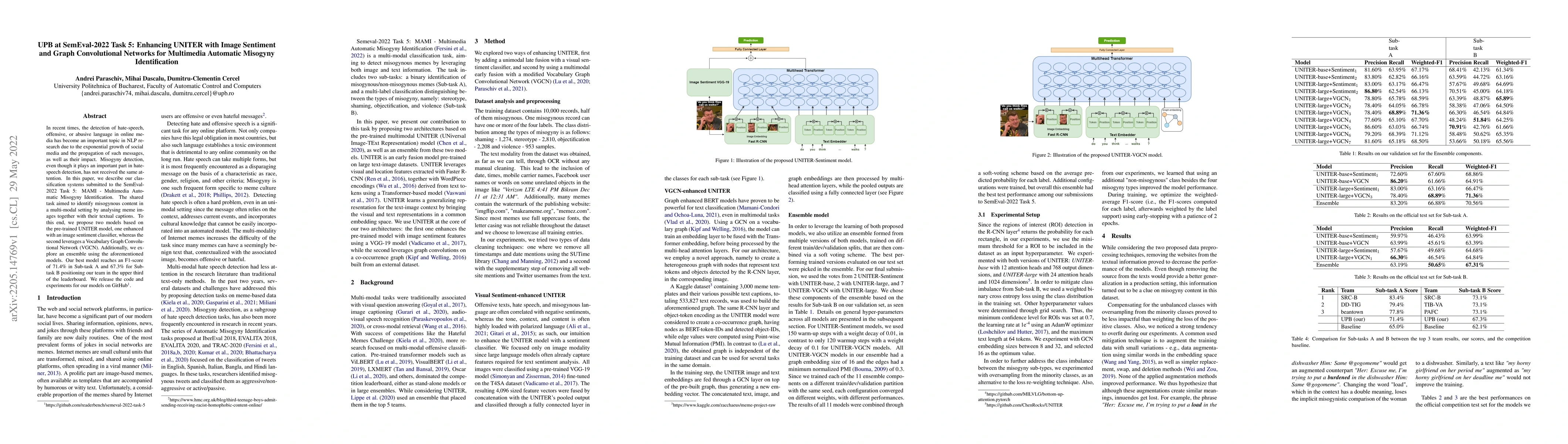 Thumbnail for UPB at SemEval-2022 Task 5: Enhancing UNITER with Image Sentiment and
  Graph Convolutional Networks for Multimedia Automatic Misogyny Identification