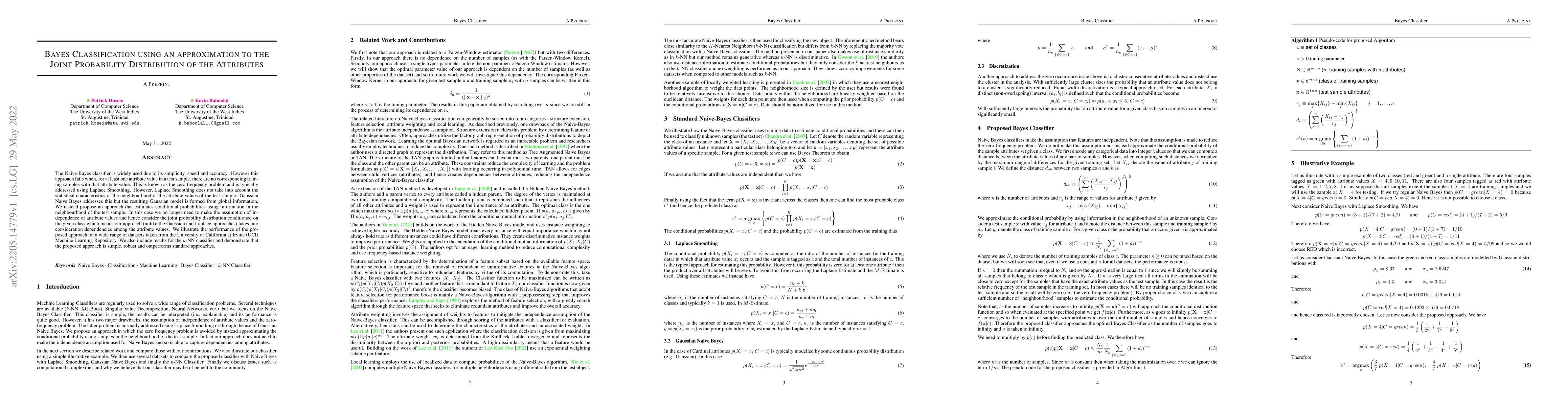Thumbnail for Bayes Classification using an approximation to the Joint Probability
  Distribution of the Attributes