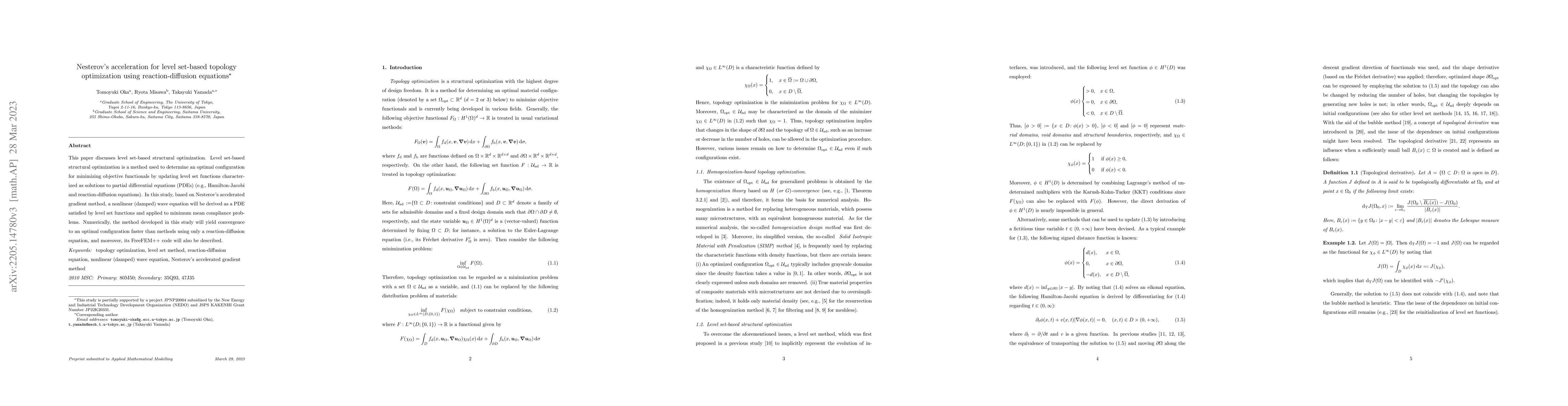Thumbnail for Nesterov's acceleration for level set-based topology optimization using
  reaction-diffusion equations