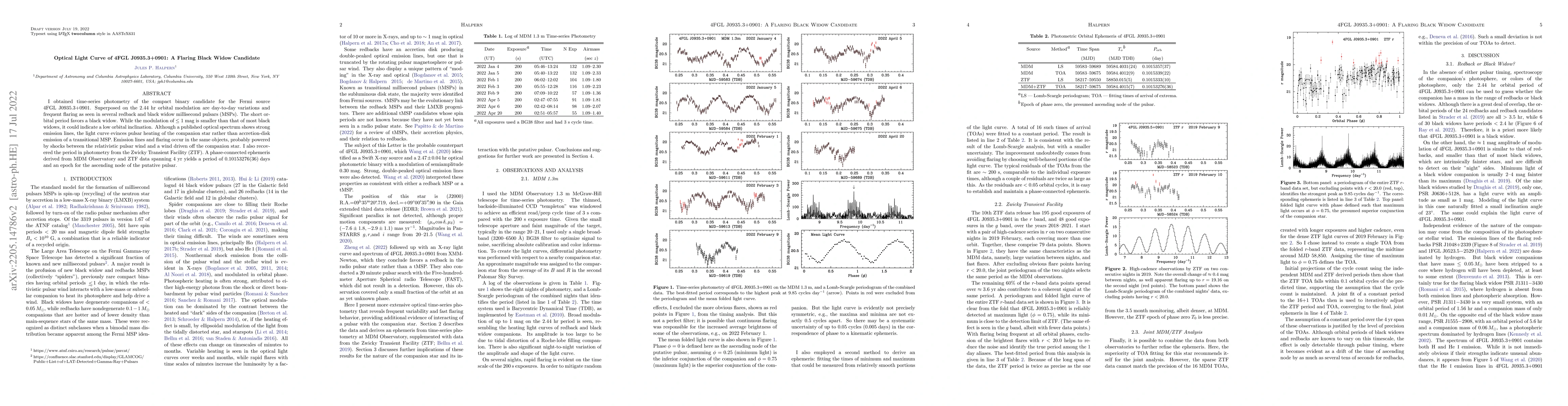 Thumbnail for Optical Light Curve of 4FGL J0935.3+0901: A Flaring Black Widow
  Candidate