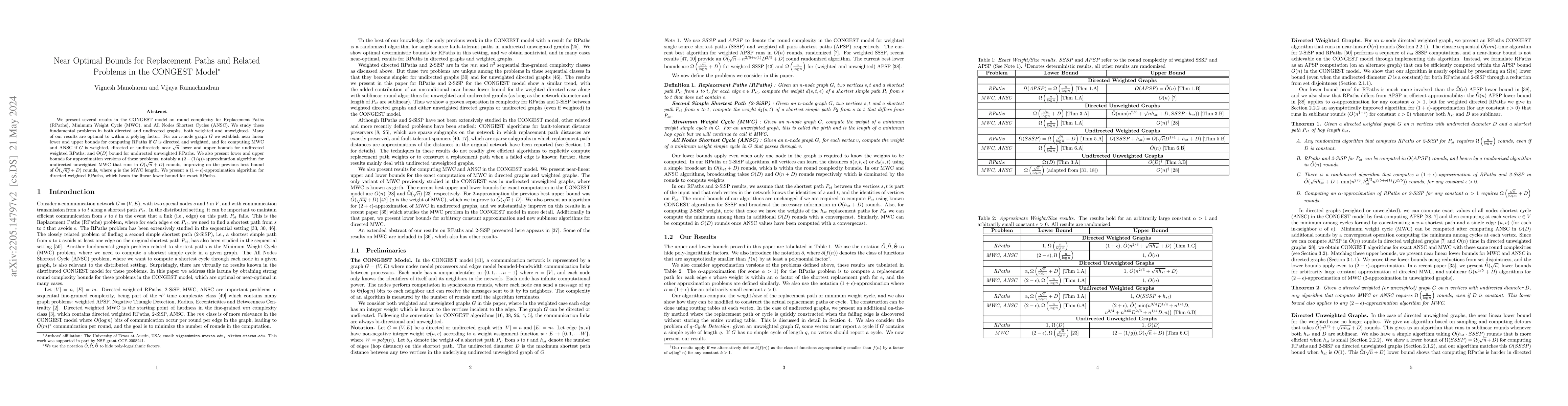 Thumbnail for Near Optimal Bounds for Replacement Paths and Related Problems in the
  CONGEST Model