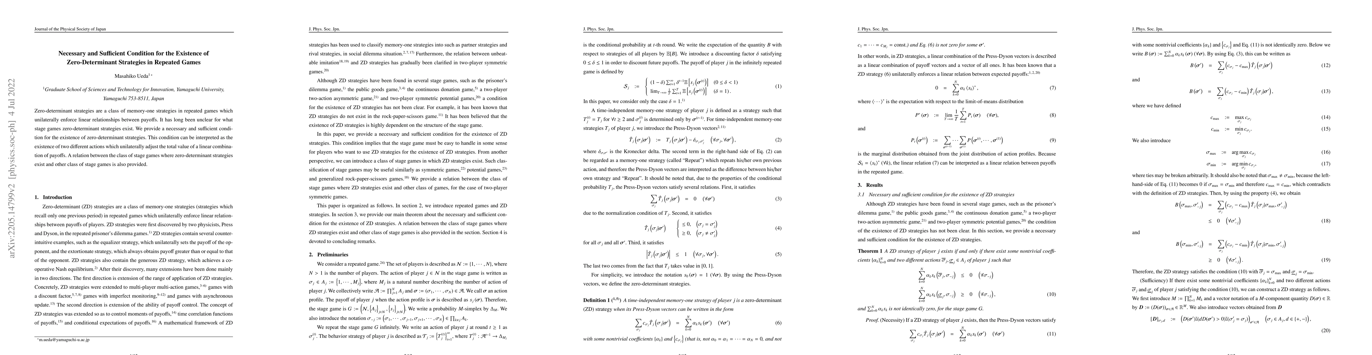 Thumbnail for Necessary and Sufficient Condition for the Existence of Zero-Determinant
  Strategies in Repeated Games