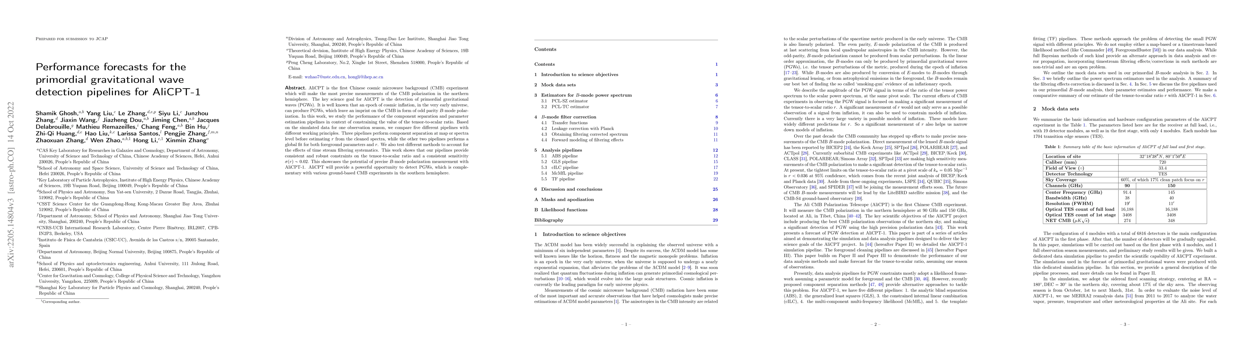 Thumbnail for Performance forecasts for the primordial gravitational wave detection
  pipelines for AliCPT-1