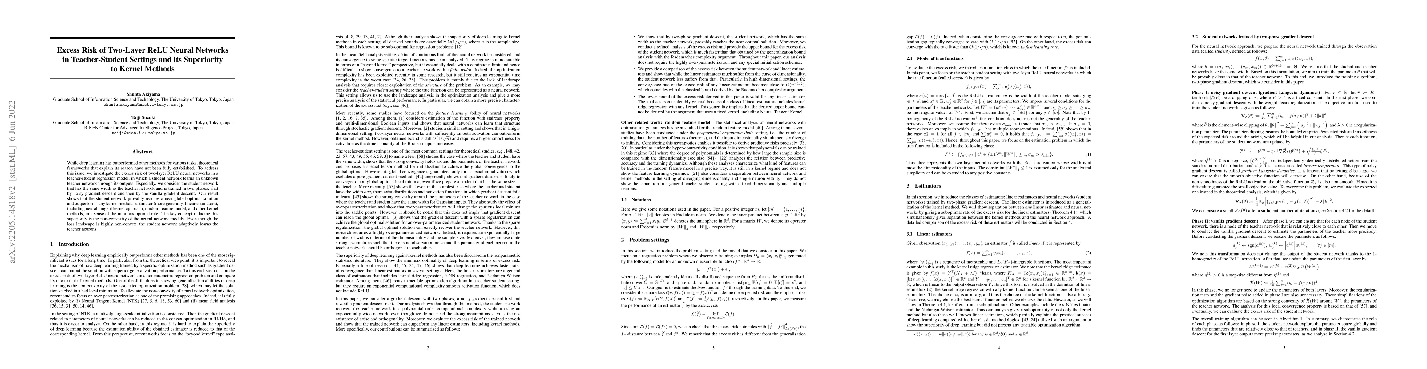 Thumbnail for Excess Risk of Two-Layer ReLU Neural Networks in Teacher-Student
  Settings and its Superiority to Kernel Methods