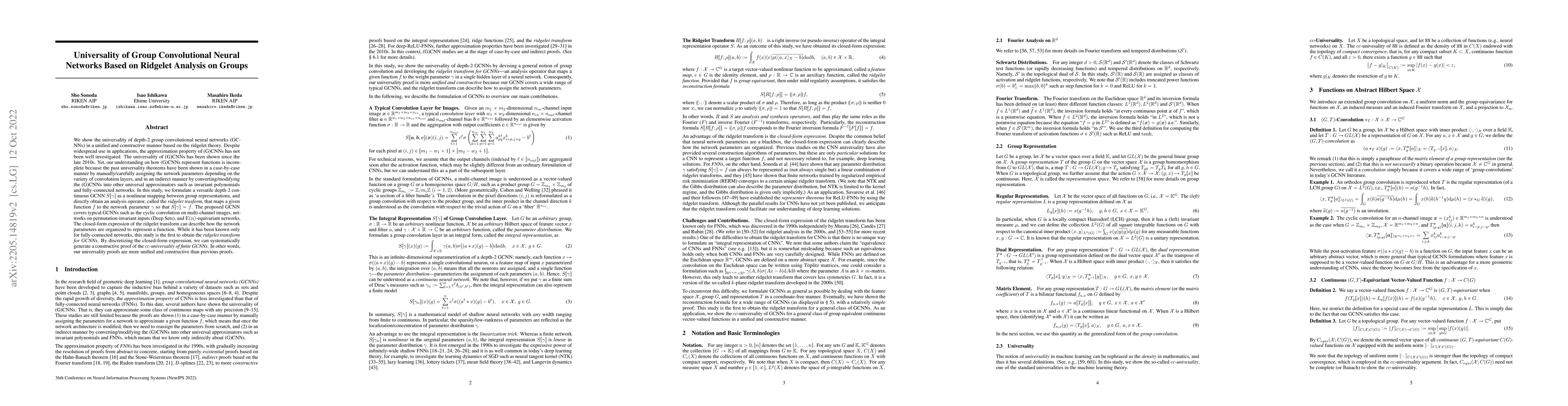 Thumbnail for Universality of Group Convolutional Neural Networks Based on Ridgelet
  Analysis on Groups