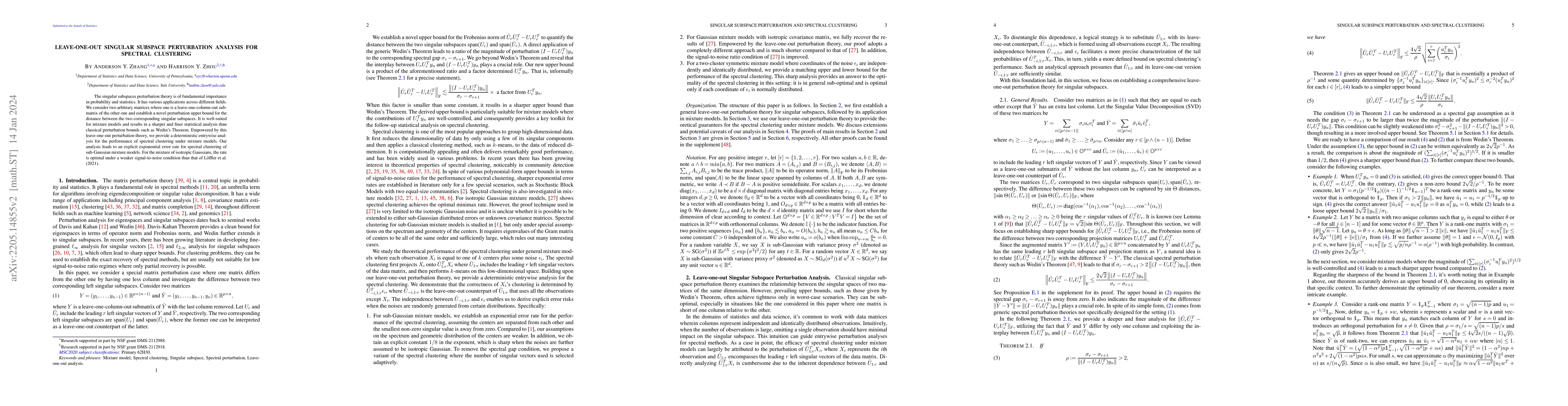 Thumbnail for Leave-one-out Singular Subspace Perturbation Analysis for Spectral
  Clustering