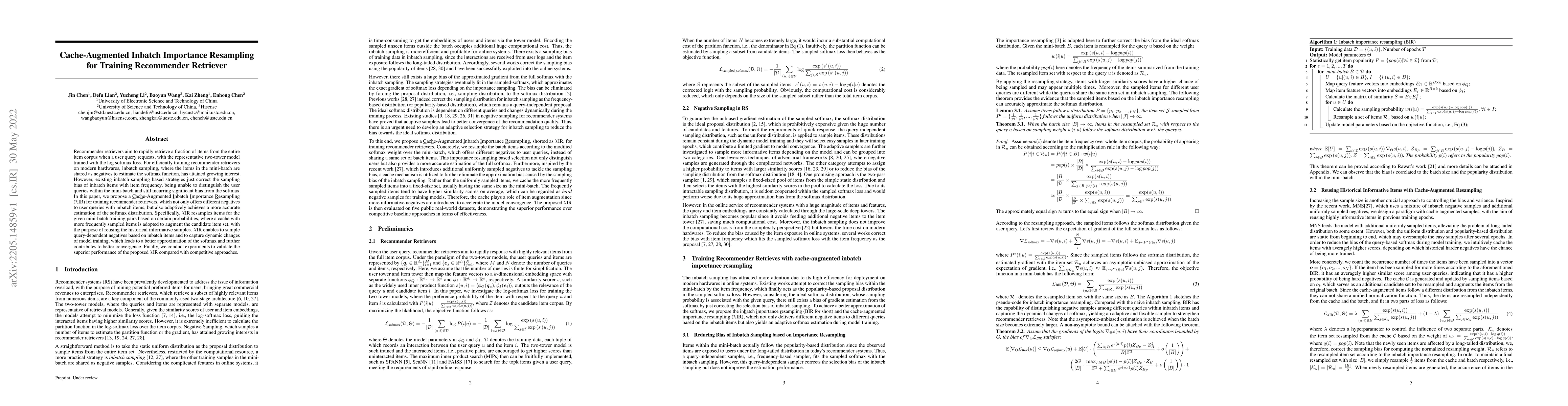 Thumbnail for Cache-Augmented Inbatch Importance Resampling for Training Recommender
  Retriever