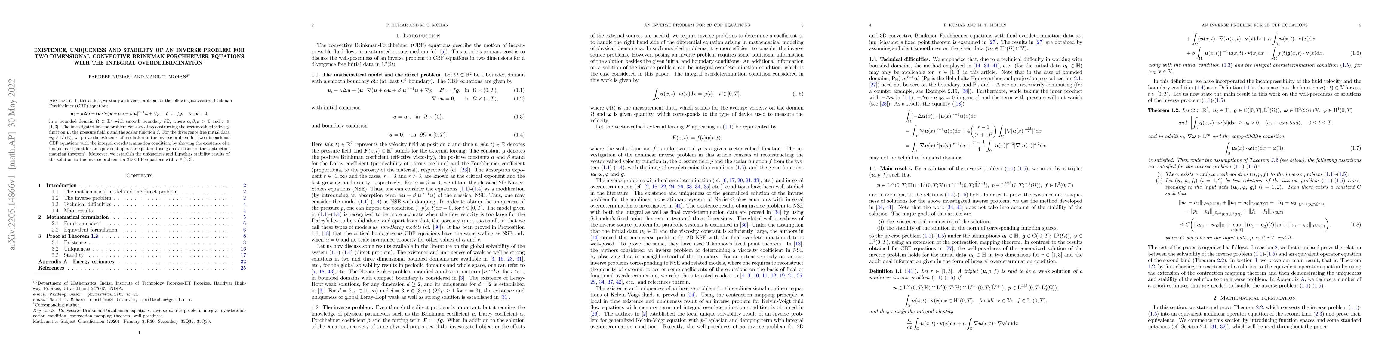 Thumbnail for Existence, uniqueness and stability of an inverse problem for
  two-dimensional convective Brinkman-Forchheimer equations with the integral
  overdetermination