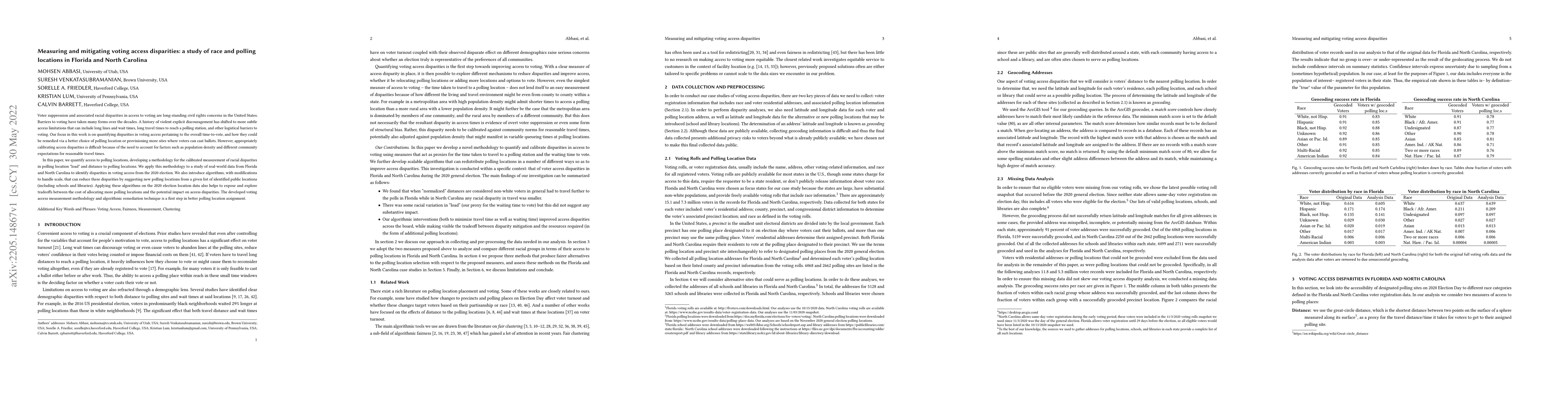 Thumbnail for Measuring and mitigating voting access disparities: a study of race and
  polling locations in Florida and North Carolina