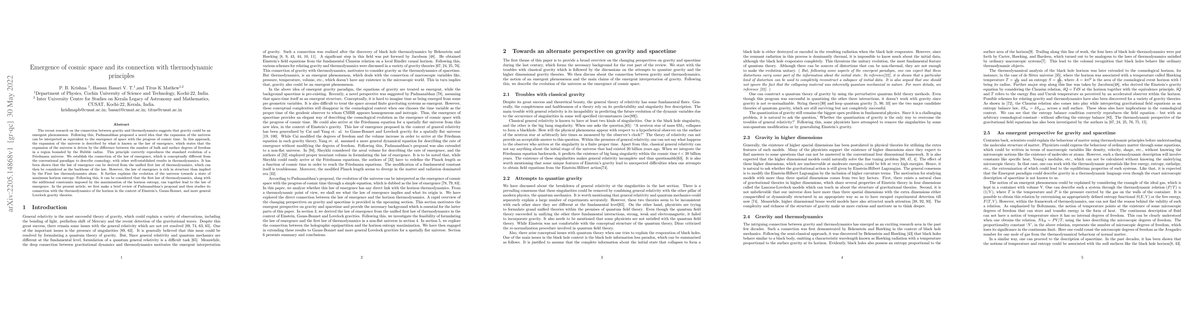 Thumbnail for Emergence of cosmic space and its connection with thermodynamic
  principles