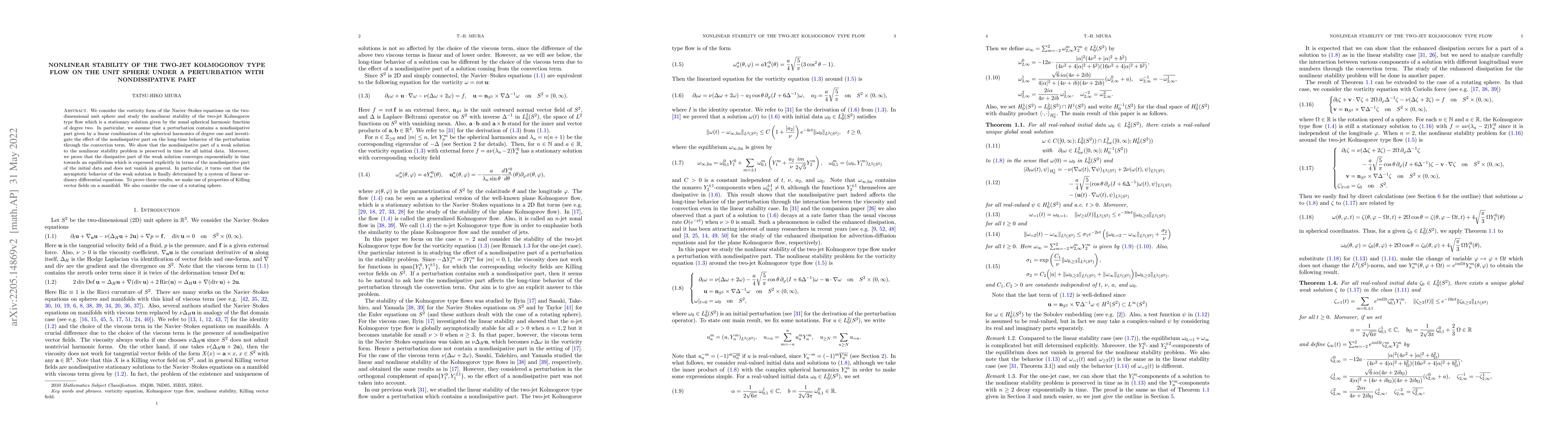 Thumbnail for Nonlinear stability of the two-jet Kolmogorov type flow on the unit
  sphere under a perturbation with nondissipative part