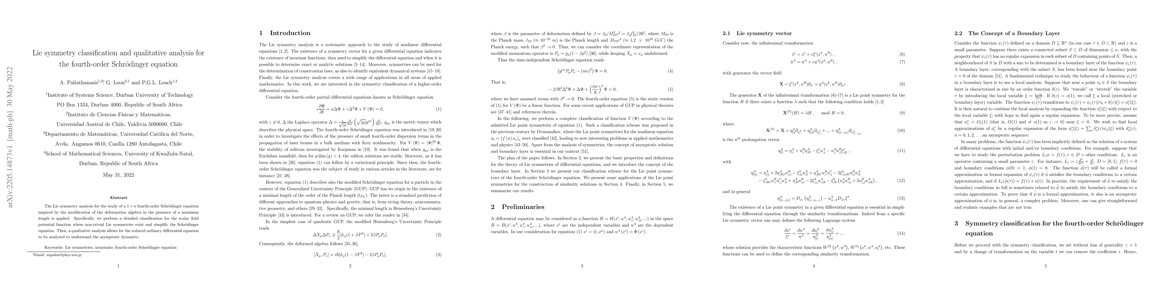 Thumbnail for Lie symmetry classification and qualitative analysis for the
  fourth-order Schr\"{o}dinger equation