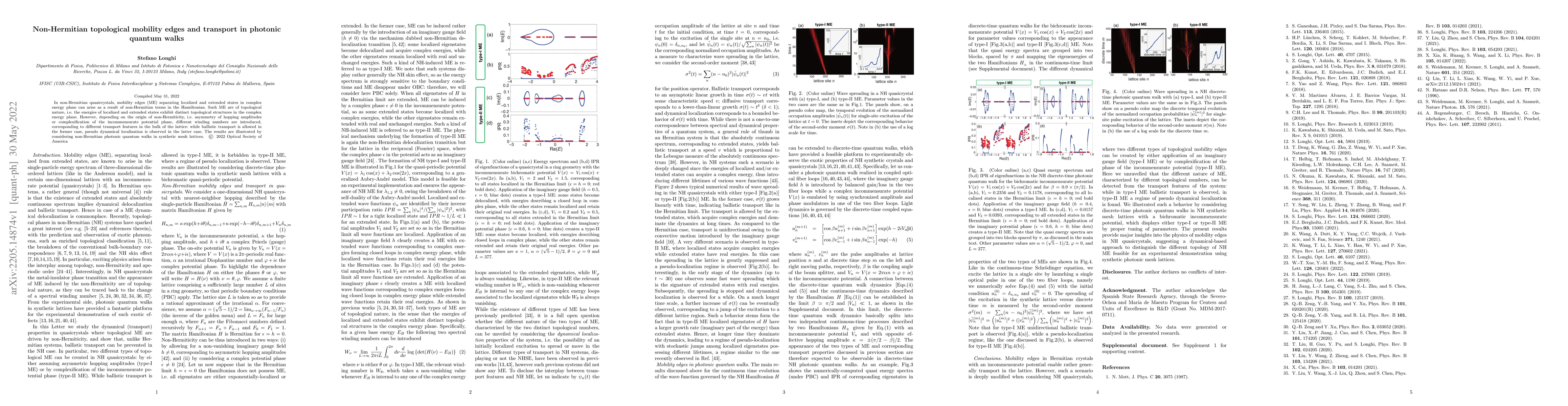 Thumbnail for Non-Hermitian topological mobility edges and transport in photonic
  quantum walks