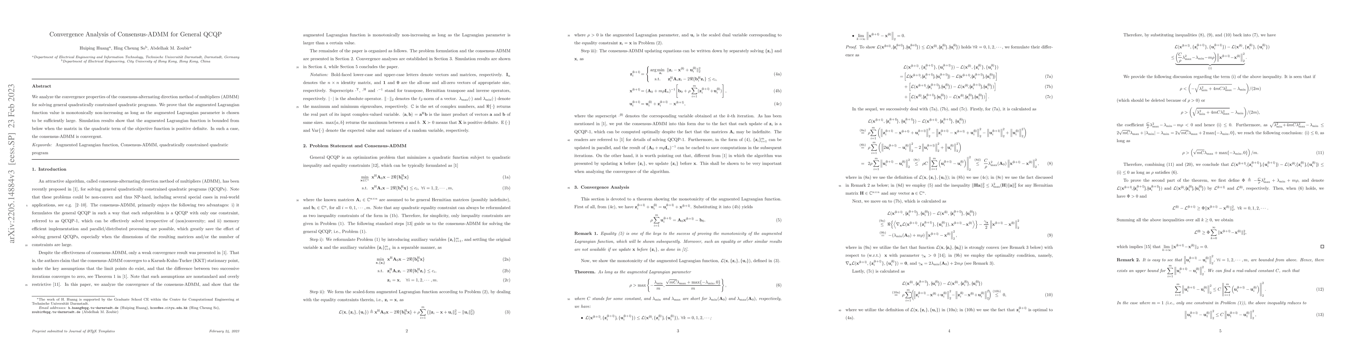Thumbnail for Convergence Analysis of Consensus-ADMM for General QCQP