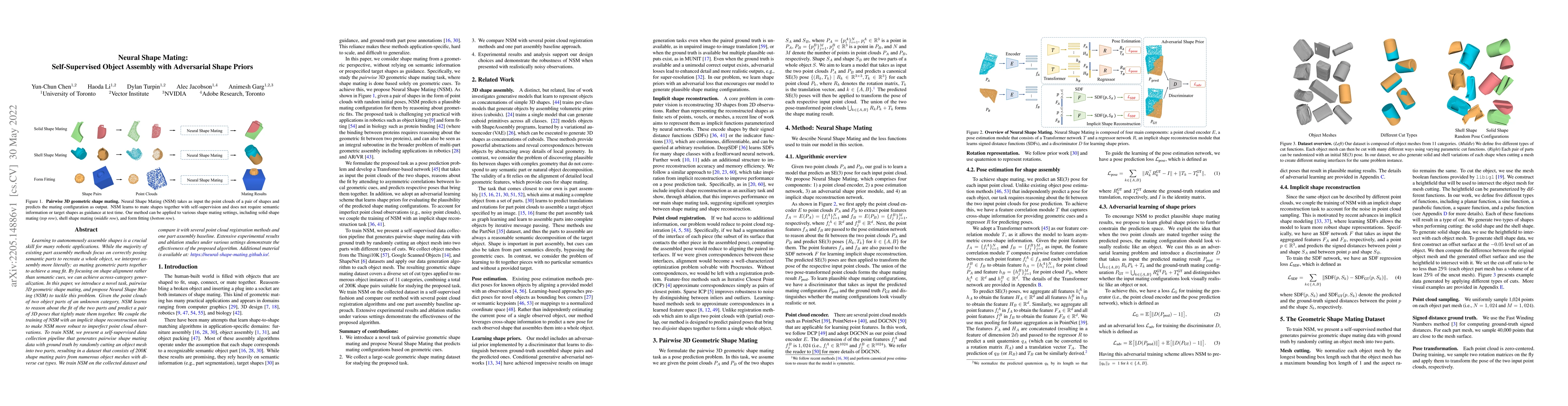 Thumbnail for Neural Shape Mating: Self-Supervised Object Assembly with Adversarial
  Shape Priors