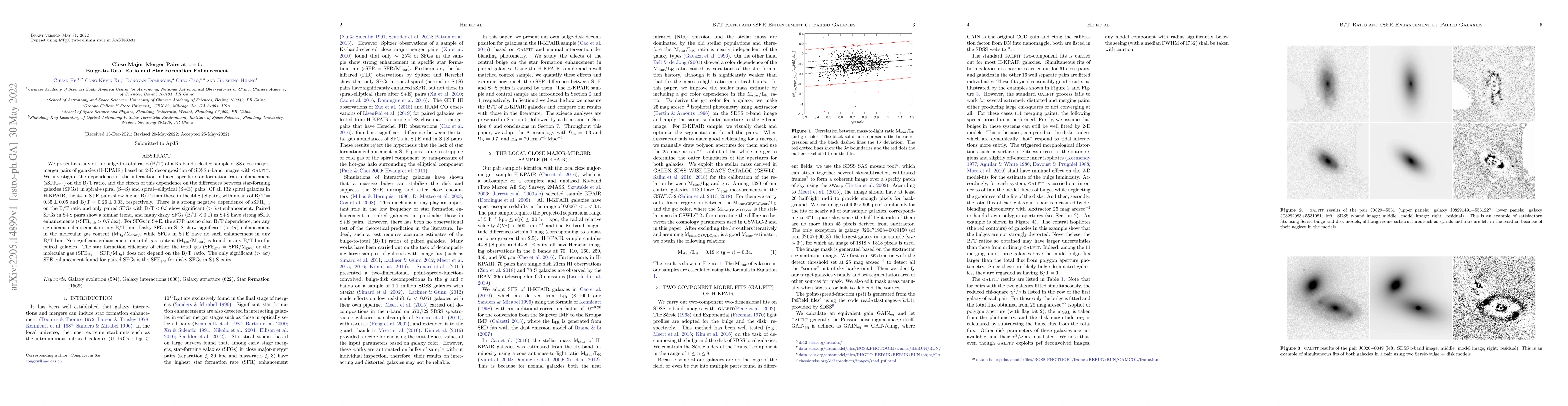 Thumbnail for Close Major Merger Pairs at $z=0$: Bulge-to-Total Ratio and Star
  Formation Enhancement