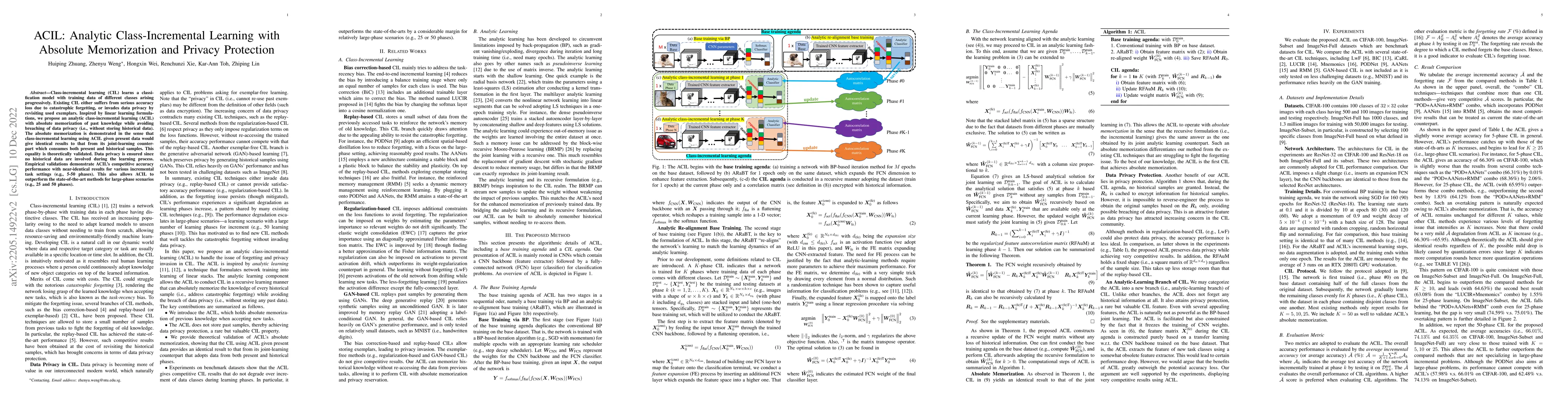 Thumbnail for ACIL: Analytic Class-Incremental Learning with Absolute Memorization and
  Privacy Protection