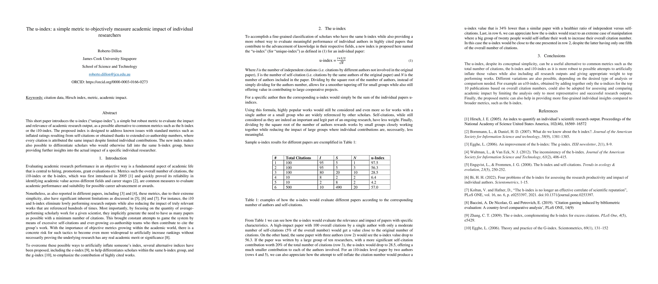 Thumbnail for The u-index: a simple metric to objectively measure academic impact of
  individual researchers