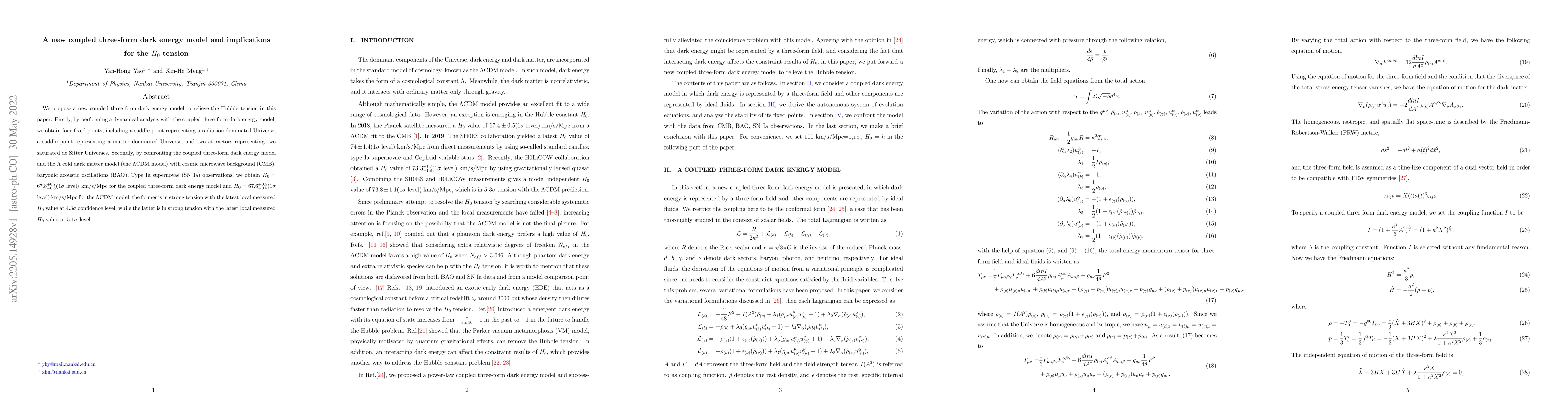Thumbnail for A new coupled three-form dark energy model and implications for the
  $H_0$ tension